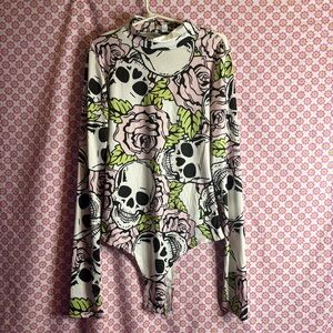 Fashion Nova Skull & Roses Bodysuit Long Sleeve Mock Neck Gothic Graphic Print